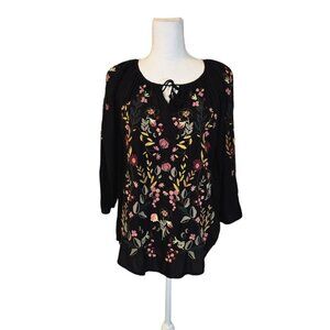 J Jill Embroidered Top Women Size Small Black Floral Bohemian Feminine Romantic
